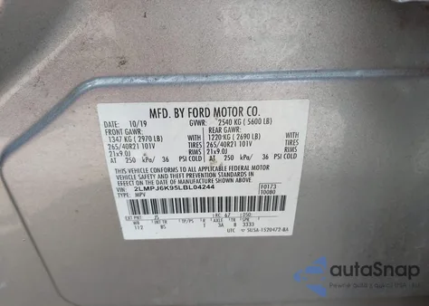 2020 Lincoln Nautilus Reserve z USA, uszkodzony, nr VIN 2LMPJ6K95LBL04244